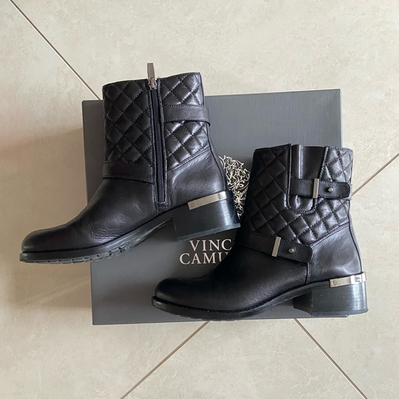 Vince Camuto Black Leather Quilted Moto Boots - Picture 2 of 8